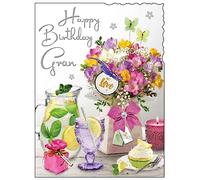 Jonny Javelin Gran Birthday Card - Floral Bouquet, Lemonade and Cake Embossed with Foil and Flitter Details - Made in the UK