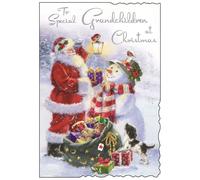 Jonny Javelin Grandchildren Christmas Card - Santa Snowman & Sack with Gifts Silver Foil 9x6.25"