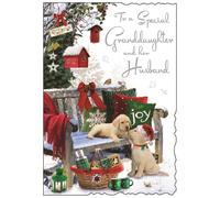 Jonny Javelin Granddaughter & Husband Christmas Card - Puppies on Snowy Bench with Glitter and Silver Foil 9x6.25"