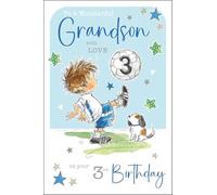 Jonny Javelin Grandson 3rd Birthday Card - Happy Birthday Card for a Wonderful Grandson Age 3 with Boy, Dog and Football Design with Foil and Flitter Details - Birthday Card for Boys