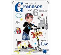 Jonny Javelin Grandson 6th Birthday Card - Boy on Scooter - Foil Finish - for Him