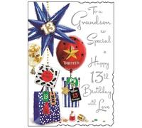 Jonny Javelin Grandson Happy 13th Birthday Card - Age 13 Balloons Presents
