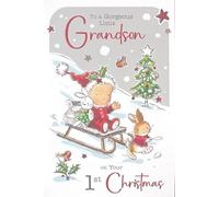 Jonny Javelin Grandson's First Christmas Card - Baby on Sledge with Glitter and Foil 9x6"