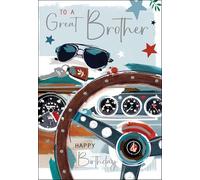 Jonny Javelin Great Brother Birthday Card - Happy Birthday Card with Classic Car and Sunglasses Design and Embossed Foil Details - Birthday Card for Men