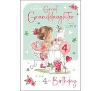 Jonny Javelin Great Granddaughter 4th Birthday Card - Cute Girl and Presents Design - Foil and Flitter Finish - Age 4 Card for Special Great Granddaughter - For Her - Fourth Birthday Greeting Card