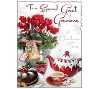 Jonny Javelin Great Grandma Christmas Card - Flowers, Teapot & Cake 7.5" x 5.5"