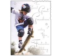 Jonny Javelin Great Grandson Birthday Card - Boy On Skateboard 7.25" x 5.5"
