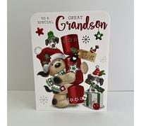 Jonny Javelin Great Grandson Christmas Card - Christmas Cards with Festive Dogs and Crackers Design and Special Finish - Single Xmas Cards with Envelope