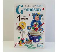 Jonny Javelin Great Grandson Who's 1 Today Age 1 Birthday Card - Bear Outfit Cupcake
