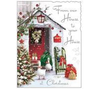 Jonny Javelin House to House Christmas Card - Ducks Outside House with Glitter and Silver Foil 7.25x5.5"