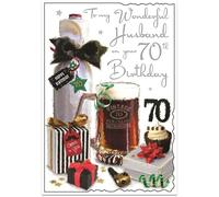 Jonny Javelin Husband 70th Birthday Card - Illustrated Design with Beer and Presents - Age 70