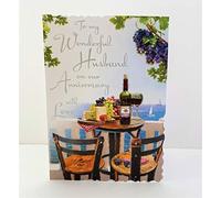 Jonny Javelin Large Wonderful Husband Anniversary Card - Sea View Red Wine Cheese