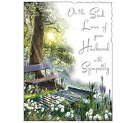 Jonny Javelin Loss of Husband Sympathy Card - Bench Under Tree by River with Silver Foil 7.25x5.5