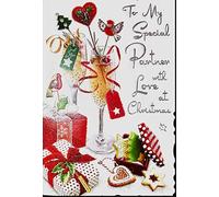 Jonny Javelin Luxury Christmas Card, Romantic Partner Design with Champagne Glasses, Gifts and Festive Treats, Glitter and Silver Foil Finish