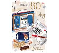 Jonny Javelin Male 80th Birthday Card - Happy Birthday Card Age 80 with Tea, Biscuits and Puzzles Design and Embossed Foil Details - Birthday Card for Men