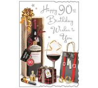 Jonny Javelin Male 90th Milestone Birthday Card - Age 90 - Red Wine Bottle and Presents with Embossed Foil Finish