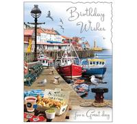 Jonny Javelin Male Birthday Card - Happy Birthday Card with Artistic Fishing Boats Harbour Design and Embossed Foil Details - Birthday Card for Men