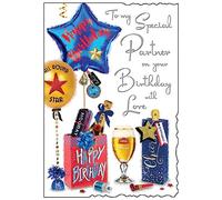 Jonny Javelin Male Special Partner Birthday Card - Beer, Balloons and Gifts Embossed with Foil Details - Made in the UK