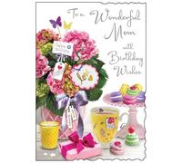 Jonny Javelin Mom Birthday Card - Happy Birthday Card with Floral Bouquet and Tea Design and Special Finishes - Birthday Cards for Women