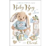Jonny Javelin New Baby Boy Birth Congratulations Card - Beautiful New Baby Boy - Bunny Rabbit and Toys - Special Finishes and Illustrated Insert Leaf - Made in the UK,197 x 133mm