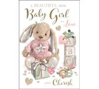 Jonny Javelin New Baby Girl Birth Congratulations Card - Beautiful New Baby Girl - Bunny Rabbit and Toys - Special Finishes and Illustrated Insert Leaf - Made in the UK,197 x 133mm