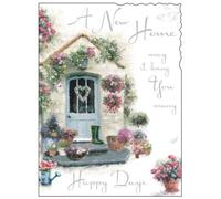 Jonny Javelin New Home Card - House with Wellies & Flowers Silver Foil 7.25x5.5"
