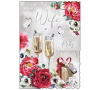 Jonny Javelin Ruby Anniversary Card for Wife - 40 Years - Romantic Champagne & Flowers Design - Embossed Silver Foil Finish - Premium Greeting Card with Envelope