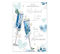 Jonny Javelin Silver Anniversary Card for Husband - 25 Years - Romantic Champagne & Love Hearts Design - Embossed Foil Finish - Premium Greeting Card with Envelope
