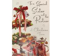 Jonny Javelin Sister and Partner Christmas Card, Festive Glitter Design with Mince Pies, Mulled Wine, Holiday Scene