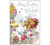 Jonny Javelin Sister Birthday Card - Happy Birthday Card with Flowers and Summer Window Design and Special Finishes - Birthday Cards for Women