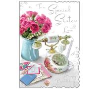Jonny Javelin Sister Birthday Card - Retro Telephone and Flowers with Glitter and Silver Foil 9x6.25"