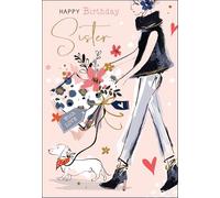 Jonny Javelin Sister Birthday Card - Stylish Feminine Design with Dachshund Illustration - Embossed Foil Finish - Happy Birthday Card for Her