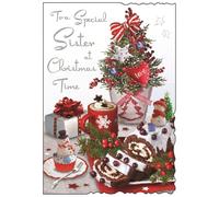 Jonny Javelin Sister Christmas Card - Mini Xmas Tree and Yule Log with Glitter and Silver Foil 9x6"