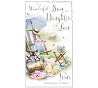 Jonny Javelin Son and Daughter-in-Law Anniversary Card - Picnic Hamper, Cupcakes and Butterflies Embossed with Foil and Flitter Details