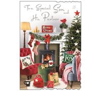 Jonny Javelin Son and Partner Christmas Card - Xmas Tree Living Room with Glitter and Embossed Silver Foil 9x6"