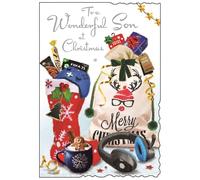 Jonny Javelin Son Christmas Card - Games Controller Headphones and Stockings with Silver Foil and Glitter 9x6.25"