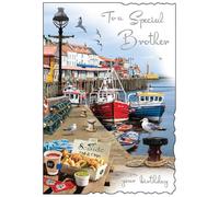 Jonny Javelin Special Brother Birthday Card - Happy Birthday Card with Harbourside Fish and Chips Design and Embossed Foil Details - Birthday Card for Men
