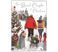Jonny Javelin Special Couple Christmas Card - Couple with Sledge Glitter and Embossed Silver Foil 9x6.25"