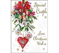 Jonny Javelin Special Couple Christmas Card - Mistletoe Bouquet and Baubles Embossed with Foil and Flitter Details