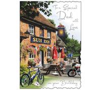 Jonny Javelin Special Dad Birthday Card - Happy Birthday Card with Summer Village Pub and Bikes Scene and Embossed Foil Details - Birthday Card for Men