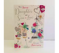 Jonny Javelin Special Daughter and Son in Law Anniversary Card - Champagne Flutes Eiffel Tower Flowers