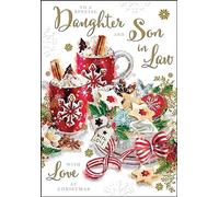 Jonny Javelin Special Daughter and Son-in-Law Christmas Card - Festive Hot Chocolate and Biscuits Embossed with Foil and Flitter Details