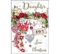 Jonny Javelin Special Daughter Christmas Card - Christmas Stocking and Floral Garland Embossed with Foil and Flitter Details