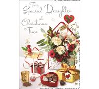 Jonny Javelin Special Daughter Christmas Card - Floral Bouquet, Cocktail and Chocolates with an Embossed Foil Flitter Finish