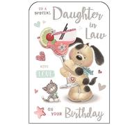 Jonny Javelin Special Daughter-in-Law Birthday Card - Teddy Bear and Cocktail with Embossed with Foil and Flitter Details - Made in the UK