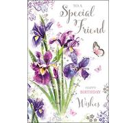 Jonny Javelin Special Friend Artistic Birthday Card (JJ-SG18) - Iris and Butterfly - Foil, Flitter & Embossed Finish