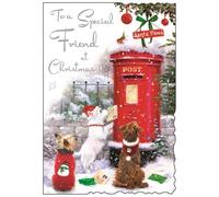 Jonny Javelin Special Friend Christmas Card - Postbox & Dogs in Snow with Silver Foil and Glitter 9x6.25"
