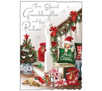 Jonny Javelin Special Granddaughter & Partner Christmas Card - Festive Stairway with Embossed Foil Flitter Detail