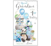Jonny Javelin Special Grandson Age 1 Today 1st Birthday Card - Panda Teddy Hot Air Balloon