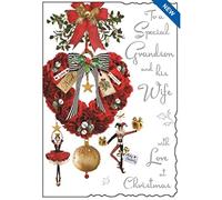 Jonny Javelin Special Grandson and Wife 'Happy Christmas' Card - Lovely Design with Festive Wreath and Decorations - Foil, Flitter and Embossed Finish